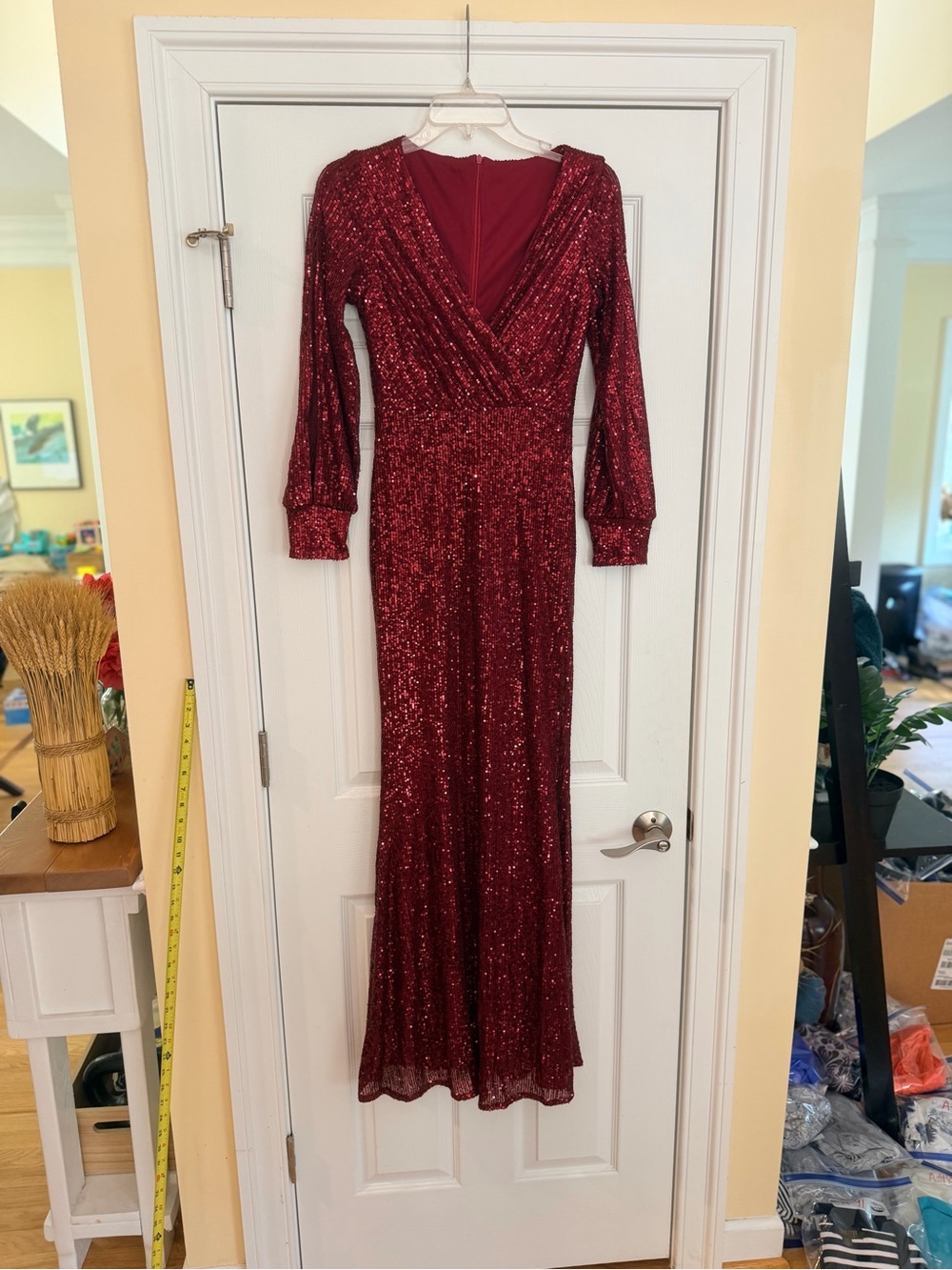Ladies Size XS Red Sequin Wrap Maxi Dress FORMAL Slit Sleeves GUC